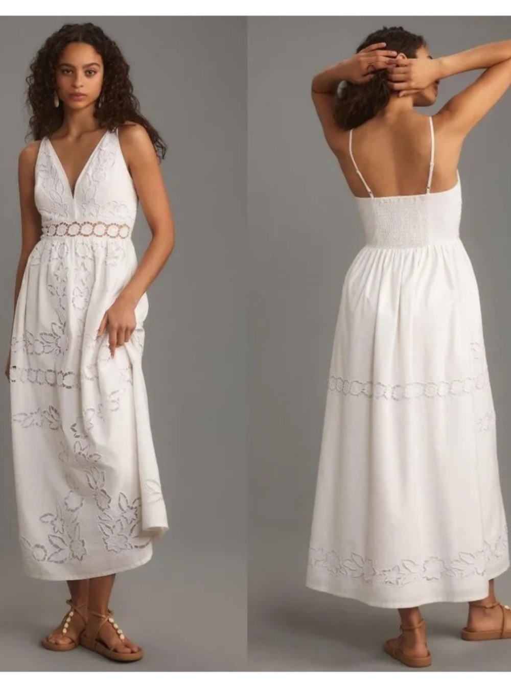 Anthropologie Vineet Dahl White Lace Maxi Dress with Deep VNeck and Waist Cutout